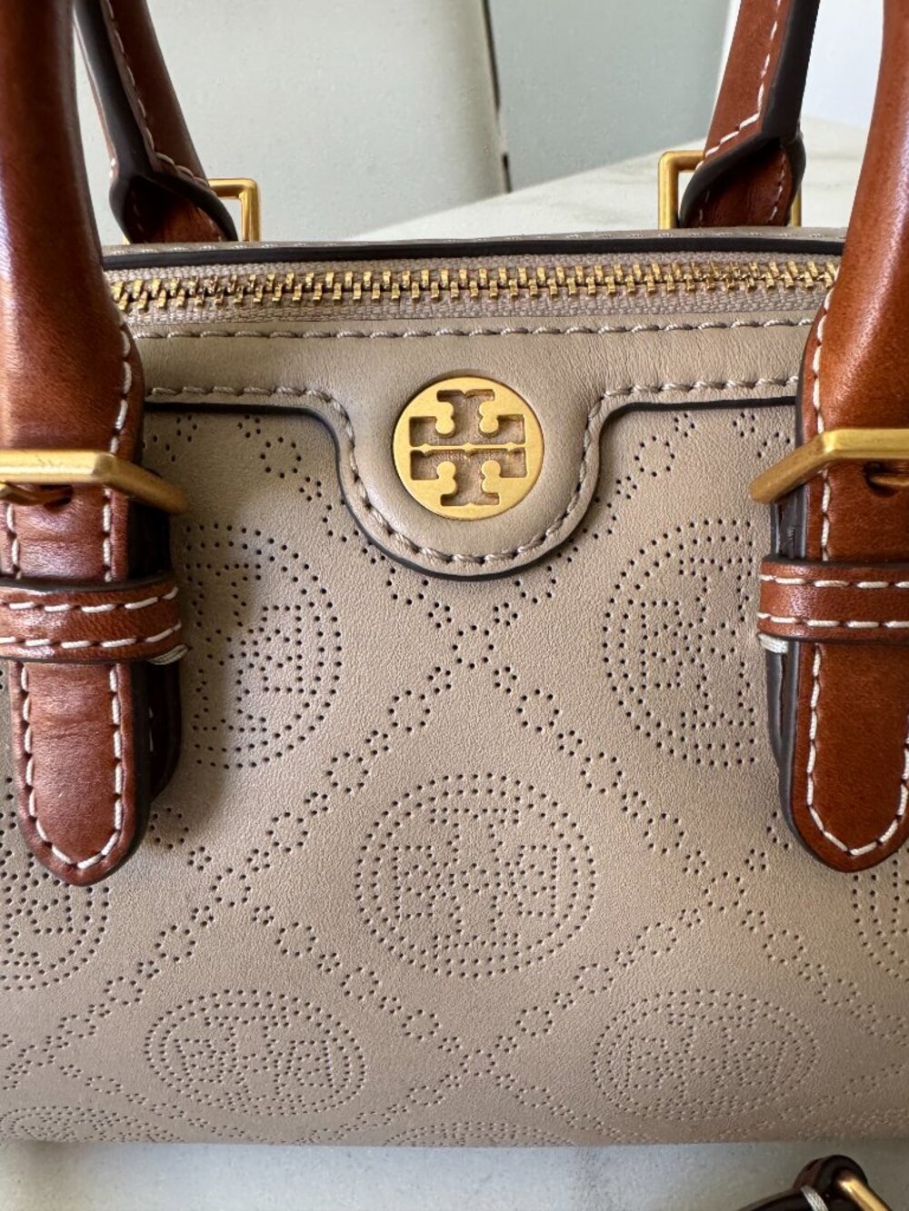 Tory Burch Perforated T-Monogram Mini Barrel Bag in Taupe / Cognac - Picture 3 of 9